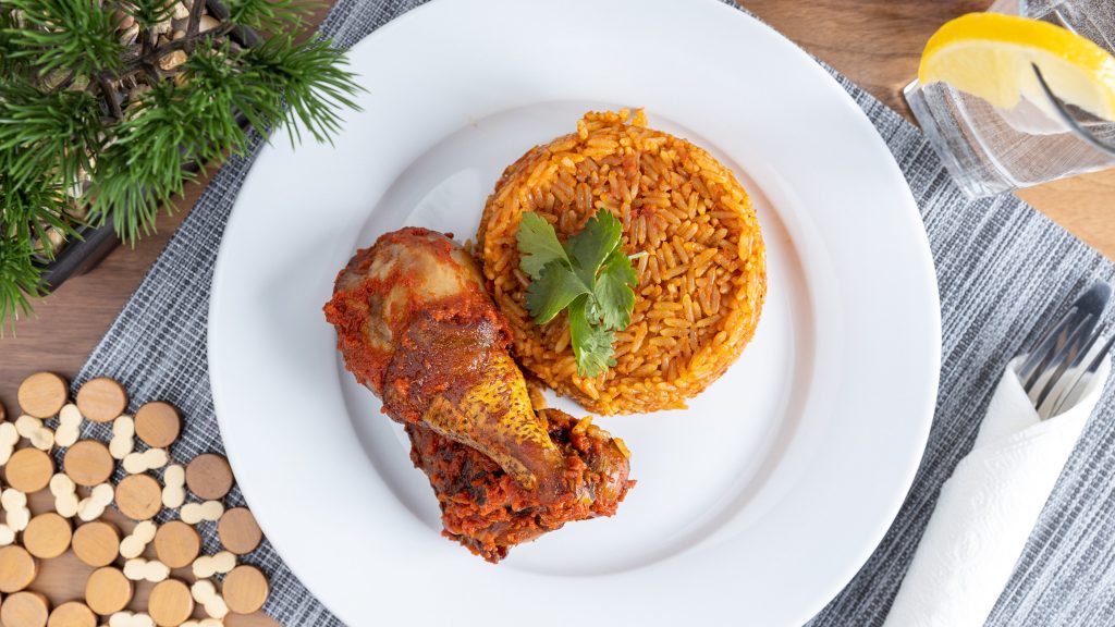 megabuka, jollof rice and chicken