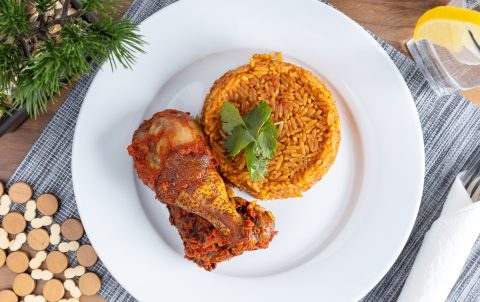megabuka, jollof rice and chicken